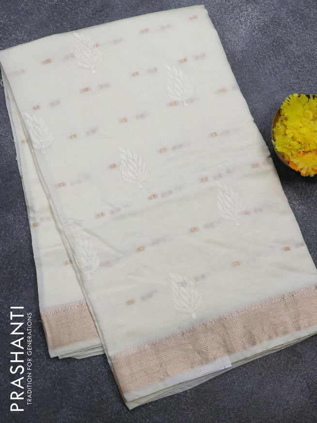 Viscose saree off white with embroided work & zari buttas and zari woven border - {{ collection.title }} by Prashanti Sarees