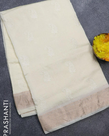 Viscose saree off white with paisley embroidery work buttas and zari woven border - {{ collection.title }} by Prashanti Sarees