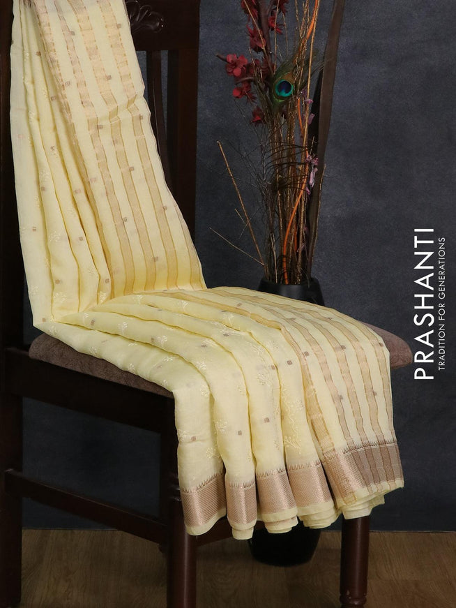 Viscose saree pale yellow with allover embroidery work & zari buttas and zari woven border - {{ collection.title }} by Prashanti Sarees
