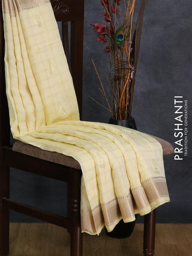 Viscose saree pale yellow with allover zari checks & embroided buttas and zari woven border - {{ collection.title }} by Prashanti Sarees