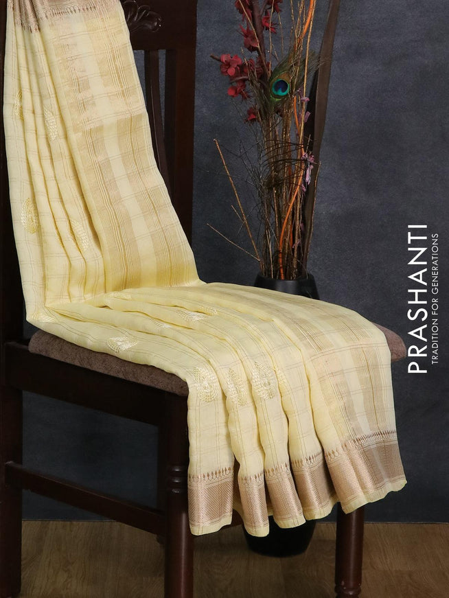 Viscose saree pale yellow with allover zari checks & embroided buttas and zari woven border - {{ collection.title }} by Prashanti Sarees