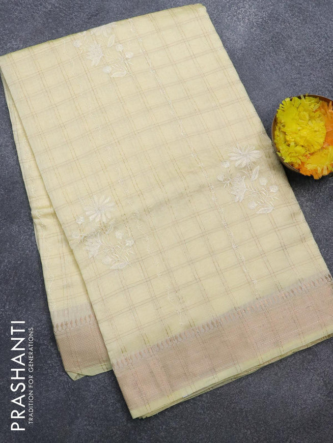 Viscose saree pale yellow with allover zari checks & embroidery work and zari woven border - {{ collection.title }} by Prashanti Sarees