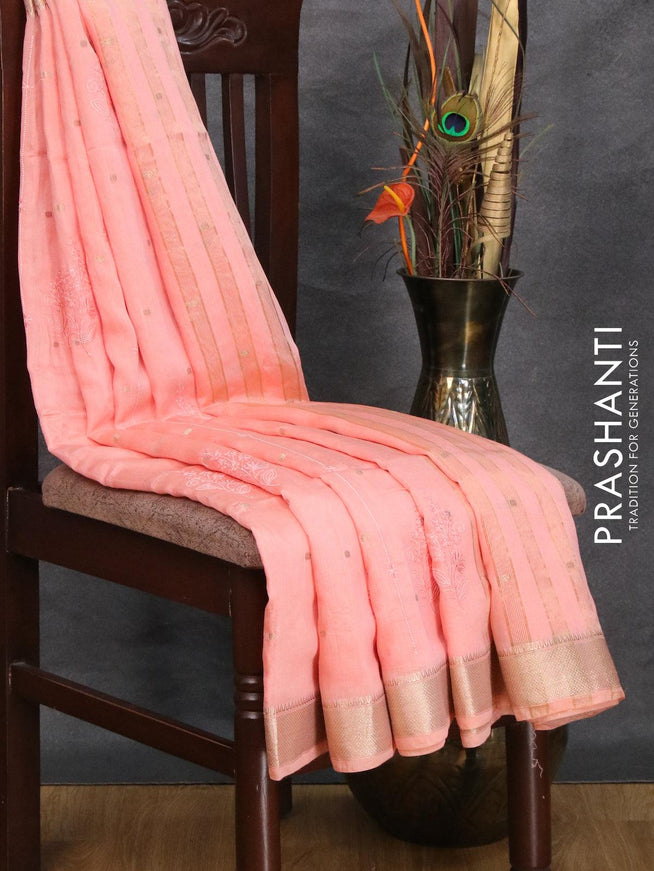 Viscose saree peach orange with allover embroidery work & zari buttas and zari woven border - {{ collection.title }} by Prashanti Sarees