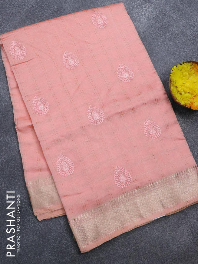 Viscose saree peach orange with allover zari checks & embroided buttas and zari woven border - {{ collection.title }} by Prashanti Sarees