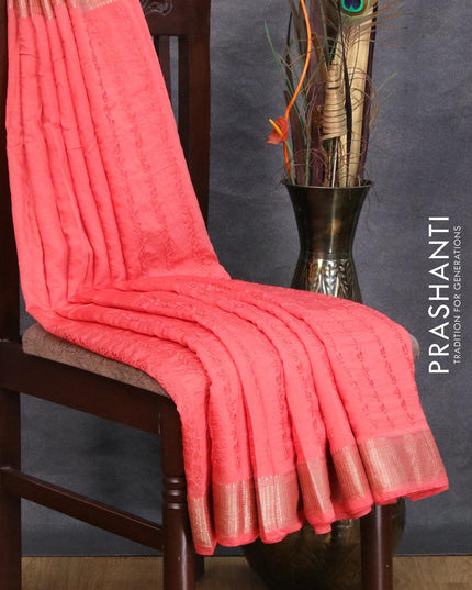 Viscose saree peach pink with allover embroidery work and zari woven border - {{ collection.title }} by Prashanti Sarees