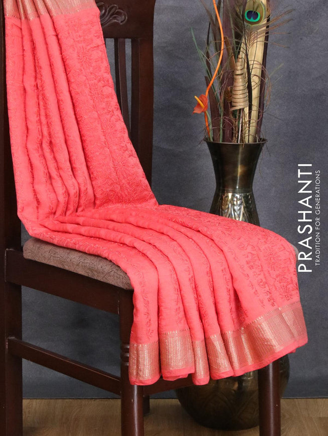 Viscose saree peach pink with allover embroidery work and zari woven border - {{ collection.title }} by Prashanti Sarees
