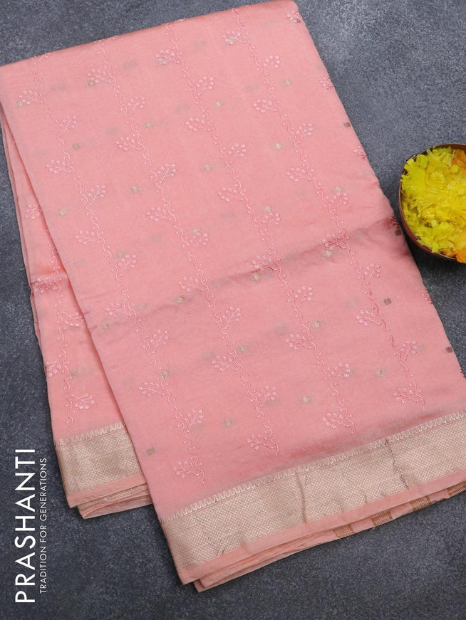 Viscose saree peach shade with allover embroidery work & zari buttas and zari woven border - {{ collection.title }} by Prashanti Sarees