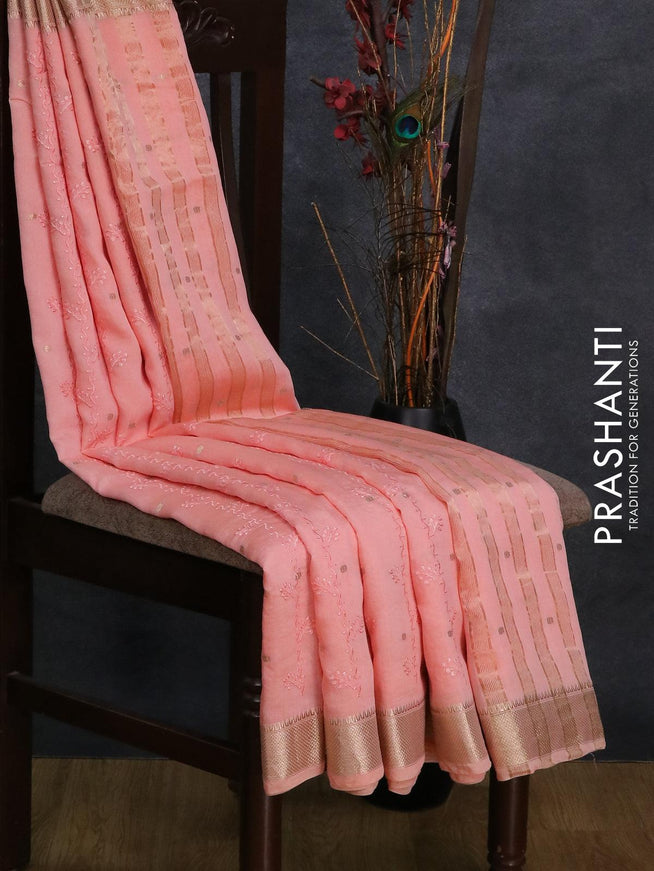 Viscose saree peach shade with allover embroidery work & zari buttas and zari woven border - {{ collection.title }} by Prashanti Sarees