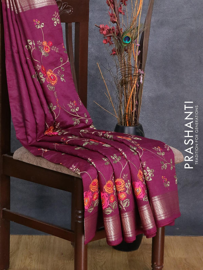 Viscose saree purple with allover floral embroidery work and zari woven border - {{ collection.title }} by Prashanti Sarees