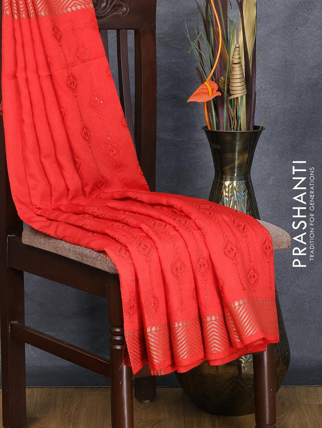 Viscose saree red with allover embroidery & sequin work and zari woven border - {{ collection.title }} by Prashanti Sarees