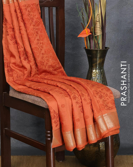 Viscose saree rust shade with allover embroidery work and zari woven border - {{ collection.title }} by Prashanti Sarees