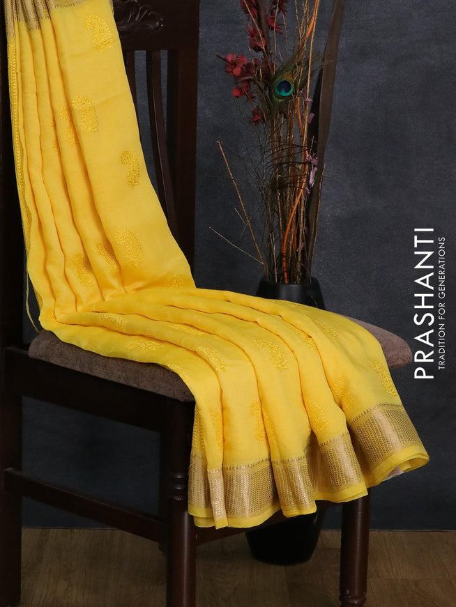 Viscose saree yellow with paisley embroidery work buttas and zari woven border - {{ collection.title }} by Prashanti Sarees