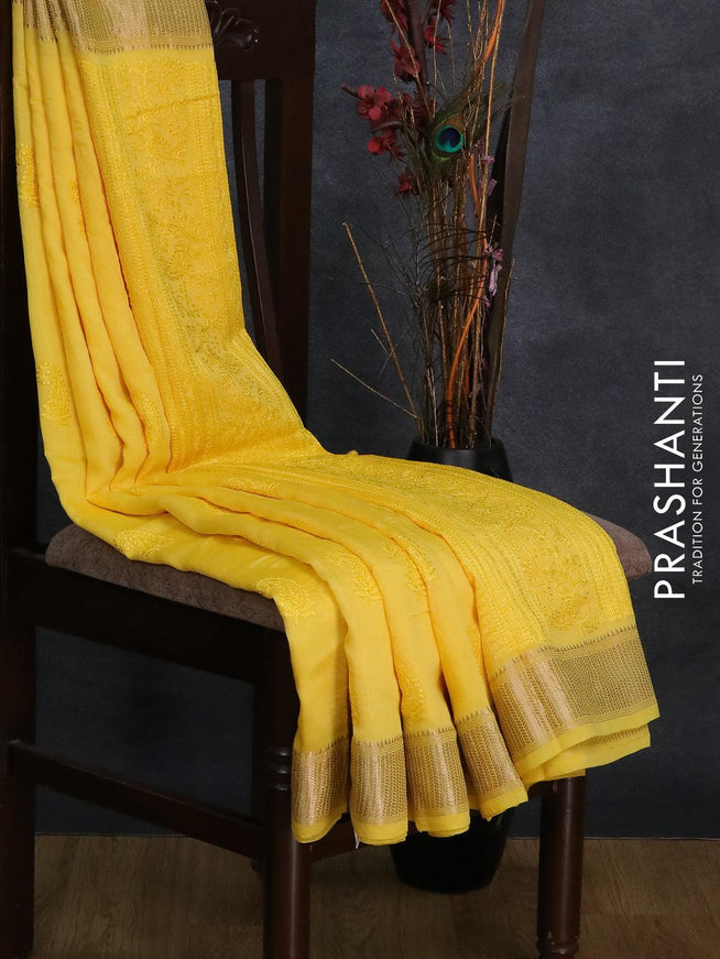Viscose saree yellow with paisley embroidery work buttas and zari woven border - {{ collection.title }} by Prashanti Sarees
