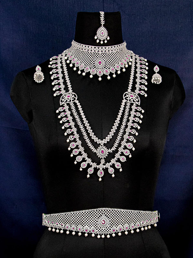 Zircon bridal set ruby and cz stones with pearl hangings - {{ collection.title }} by Prashanti Sarees
