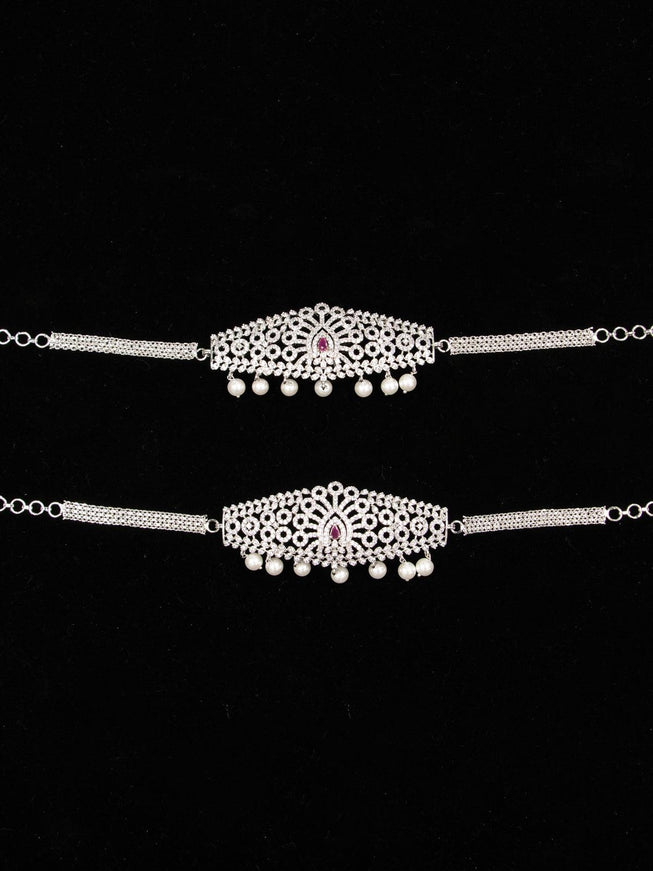 Zircon bridal set ruby and cz stones with pearl hangings - {{ collection.title }} by Prashanti Sarees