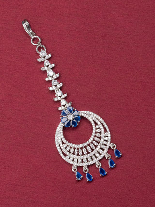 Zircon chandbali maang tikka with blue stone