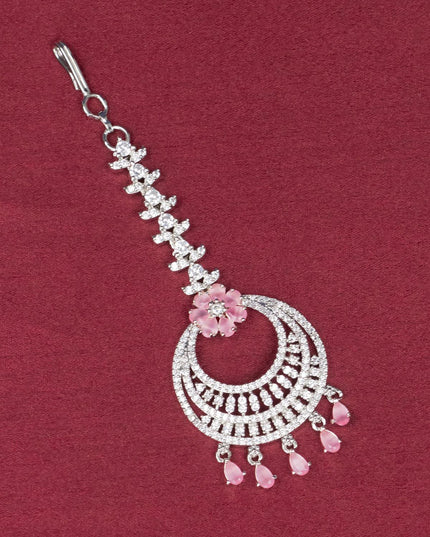 Zircon chandbali style maang tikka with baby pink stone - {{ collection.title }} by Prashanti Sarees