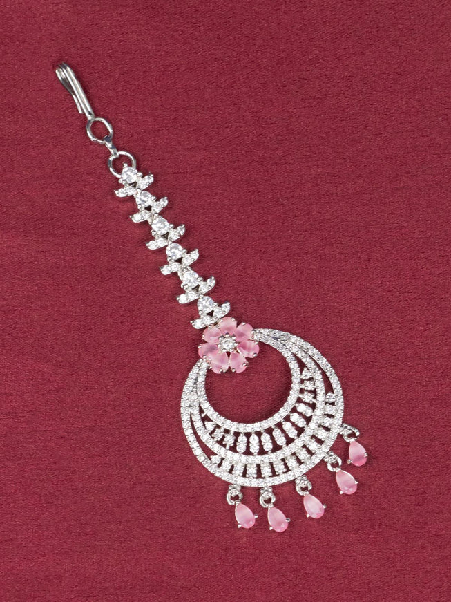 Zircon chandbali style maang tikka with baby pink stone - {{ collection.title }} by Prashanti Sarees