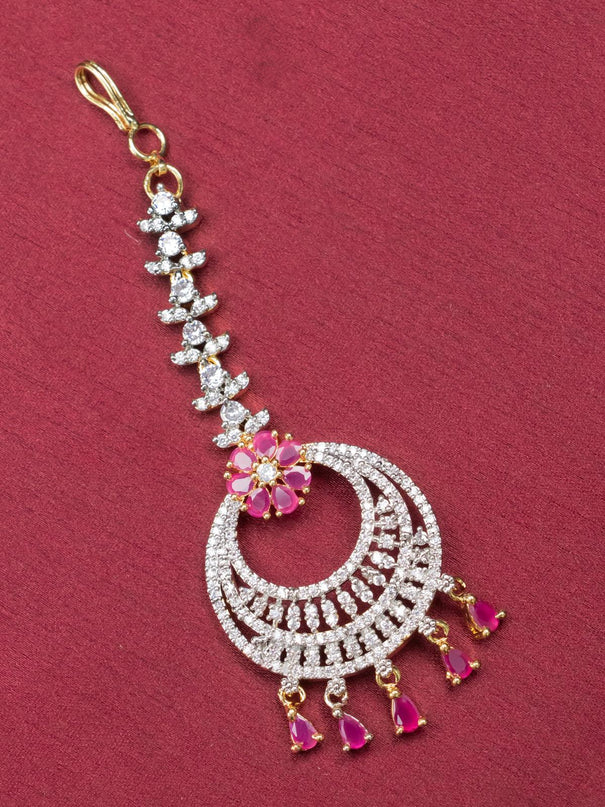 Zircon chandbali style maang tikka with ruby stone - {{ collection.title }} by Prashanti Sarees