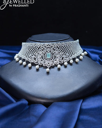 Zircon choker mint green and cz stone with pearl hangings - {{ collection.title }} by Prashanti Sarees