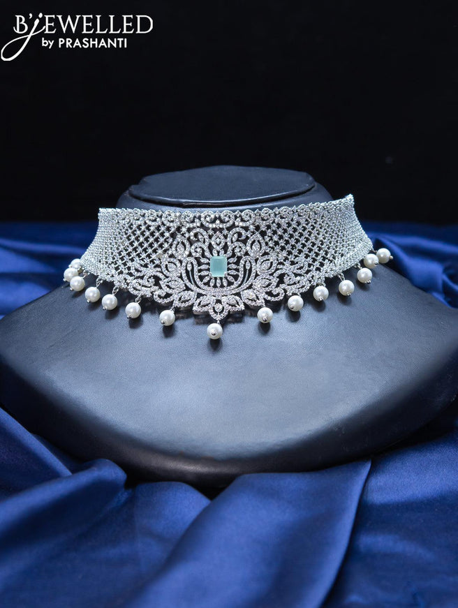 Zircon choker mint green and cz stone with pearl hangings - {{ collection.title }} by Prashanti Sarees