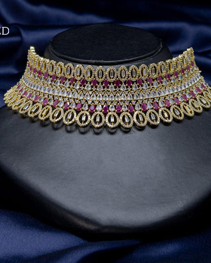 Zircon choker with ruby and cz stone in gold finish - {{ collection.title }} by Prashanti Sarees