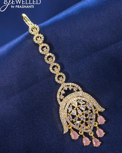 Zircon maang tikka with baby pink and cz stone in gold finish - {{ collection.title }} by Prashanti Sarees