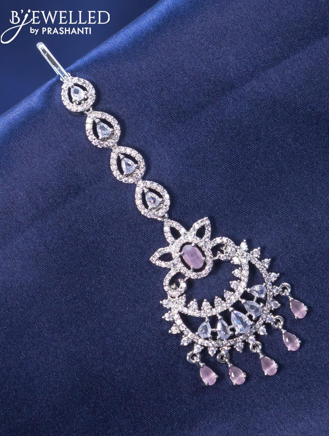 Zircon maang tikka with baby pink and cz stone - {{ collection.title }} by Prashanti Sarees