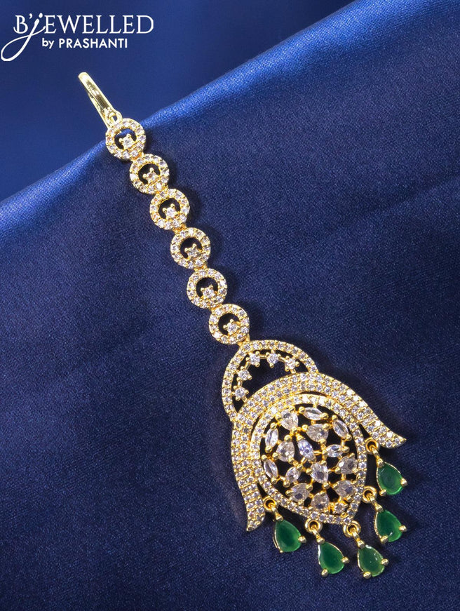 Zircon maang tikka with emerald and cz stone in gold finish - {{ collection.title }} by Prashanti Sarees