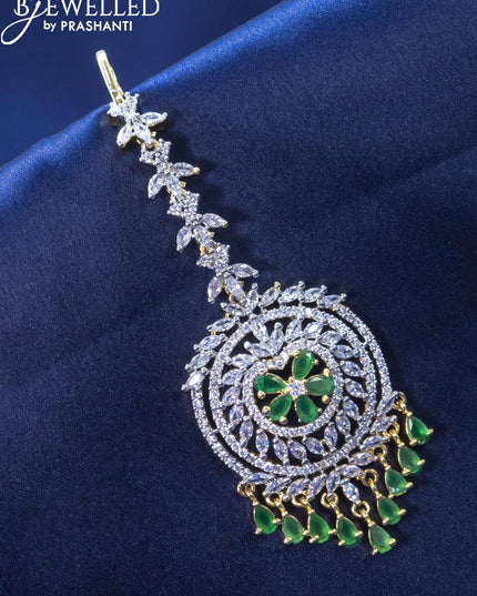 Zircon maang tikka with emerald and cz stone in gold finish - {{ collection.title }} by Prashanti Sarees